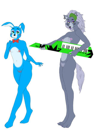 Nude Roxy standing at a 3/4 angle holding her keytar with nude Bonnie posing cutely