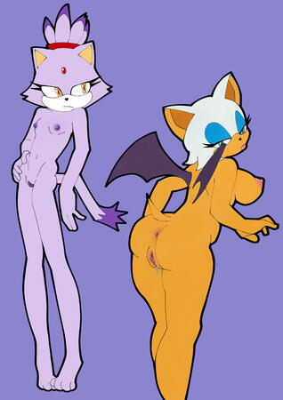 Nude Blaze the cat (left) and Rouge the bat (right). Blaze is standing facing forward and Rouge is facing backwards at an angle so you can see her ass and tits while she looks back at you