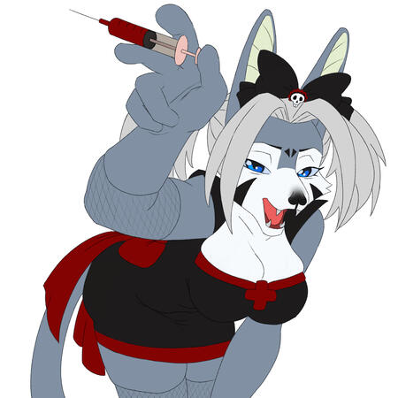 Cherushi, a hybrid anthro woman, dressed as a goth nurse leaning over with a syringe full of blood