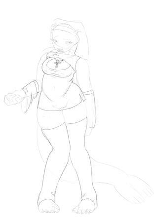 Vermilion the sea lion dressed in a sexy nun outfit standing with her knees pointed inwards, her left arm hanging out, and a sassy look on her face